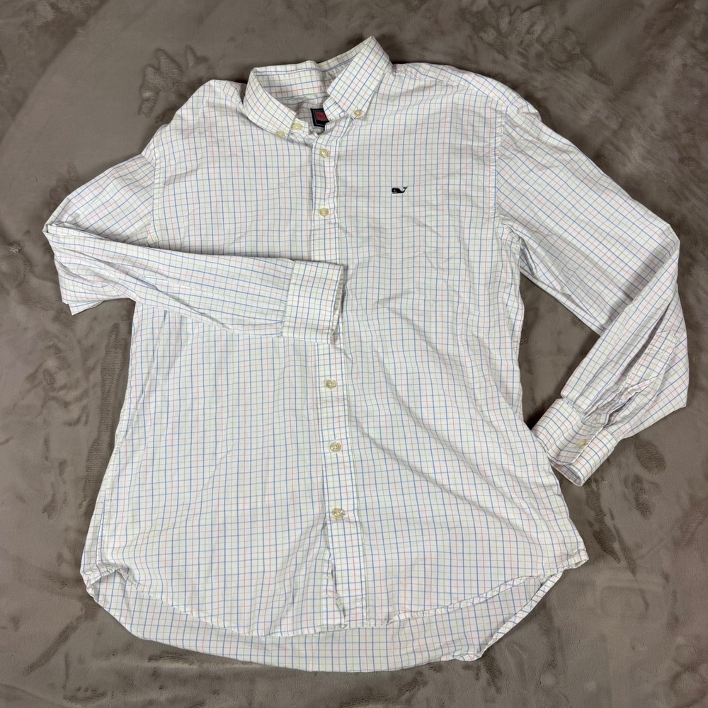 Vineyard Vines Mens Whale Shirt Cotton Tattersall Check Button Down White Blue M